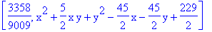 [3358/9009, x^2+5/2*x*y+y^2-45/2*x-45/2*y+229/2]
